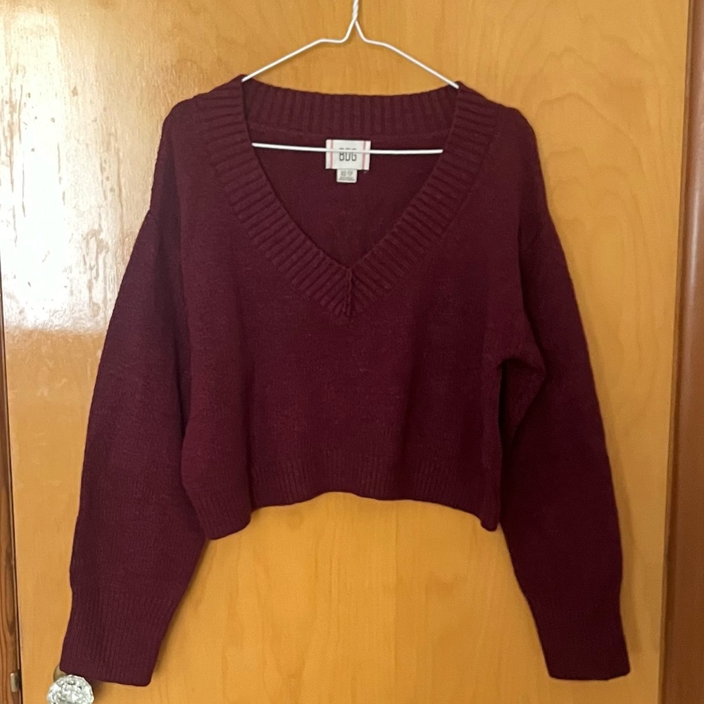 Urban Outfitters BDG Jenna Cropped V-Neck Off The Shoulder Burgundy Sweater